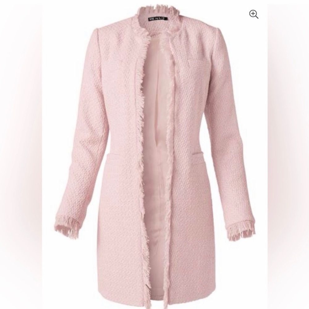 Venus Pink Fringe-Trim Textured Coat